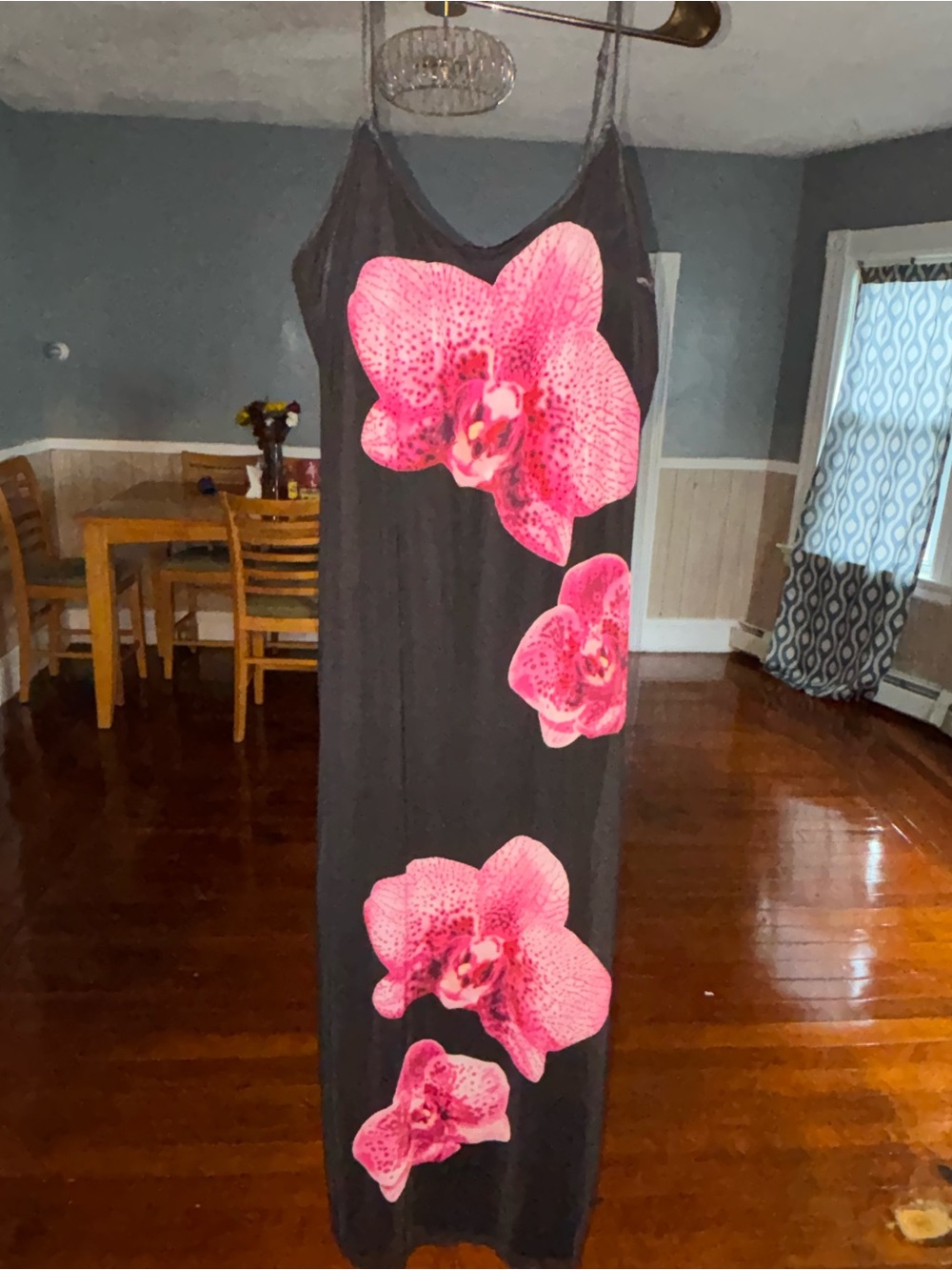 Sleeveless Black Maxi Dress with Pink Floral Print